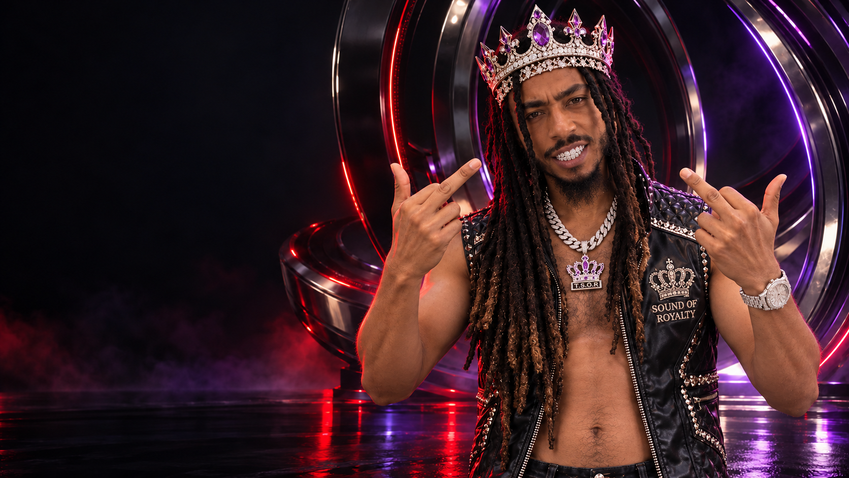 King Gheno Ra wearing an amethyst and diamond crown and Sound of Royalty pendant amid chrome, crimson and violet sound rings