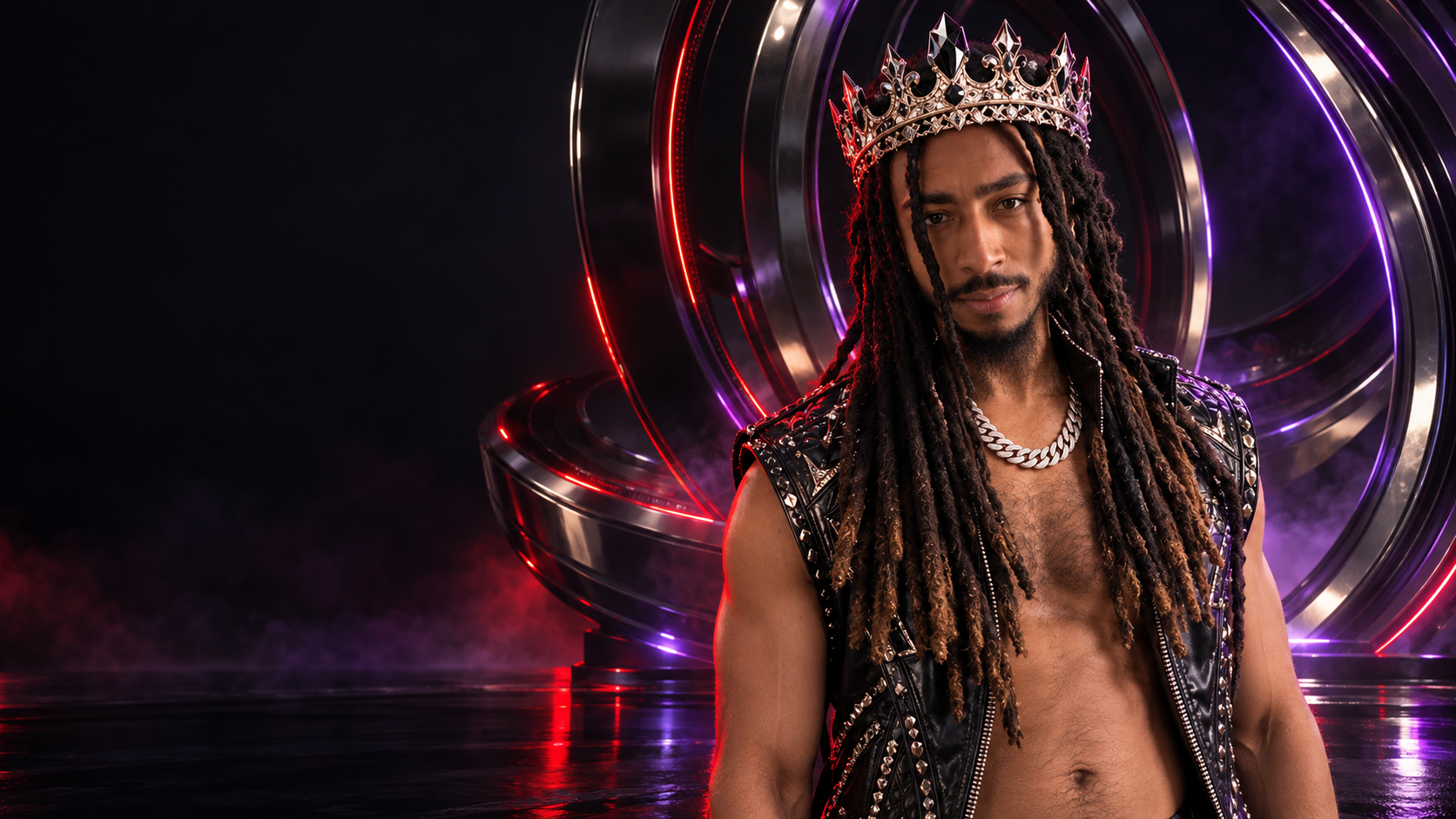 King Gheno Ra crowned in a sculptural field of chrome, crimson and violet sound rings